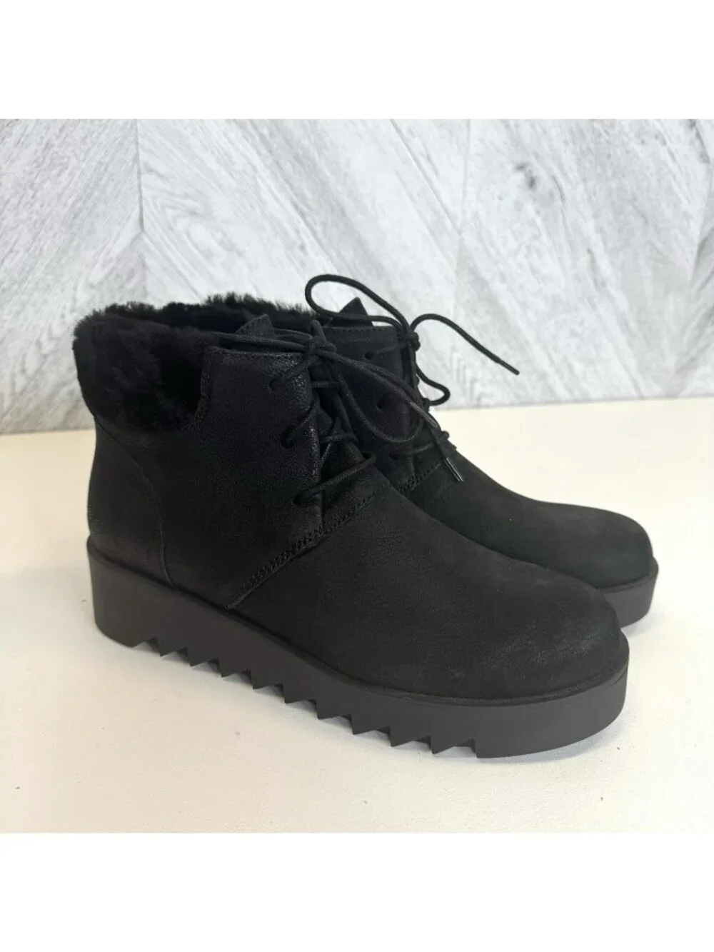 Eileen Fisher Kenille Boots Womens Size 8.5 Black Wedge Shearling Fur NEW NWOB